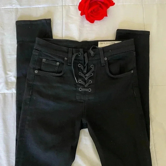 Rag & Bone black laced up skinny jeans in black coal - Picture 5 of 11